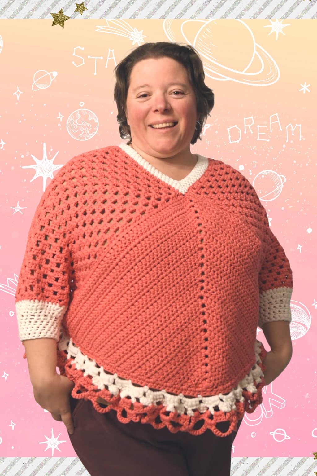 Pull rose et blanc épais synthétique – Image 3